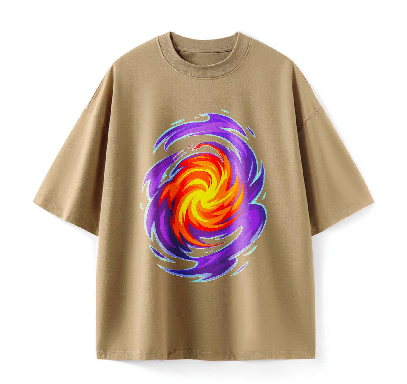 Khaki / XS Swirling Energy Flames Anime Oversize T-Shirt