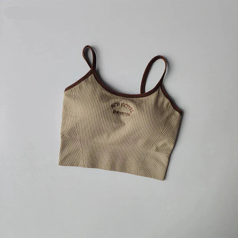 khakisBrown / S Color Blocking Sports Bra for Women / Fixed Cup Fitness Bra / Gym Bra