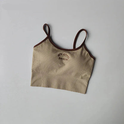 khakisBrown / S Color Blocking Sports Bra for Women / Fixed Cup Fitness Bra / Gym Bra