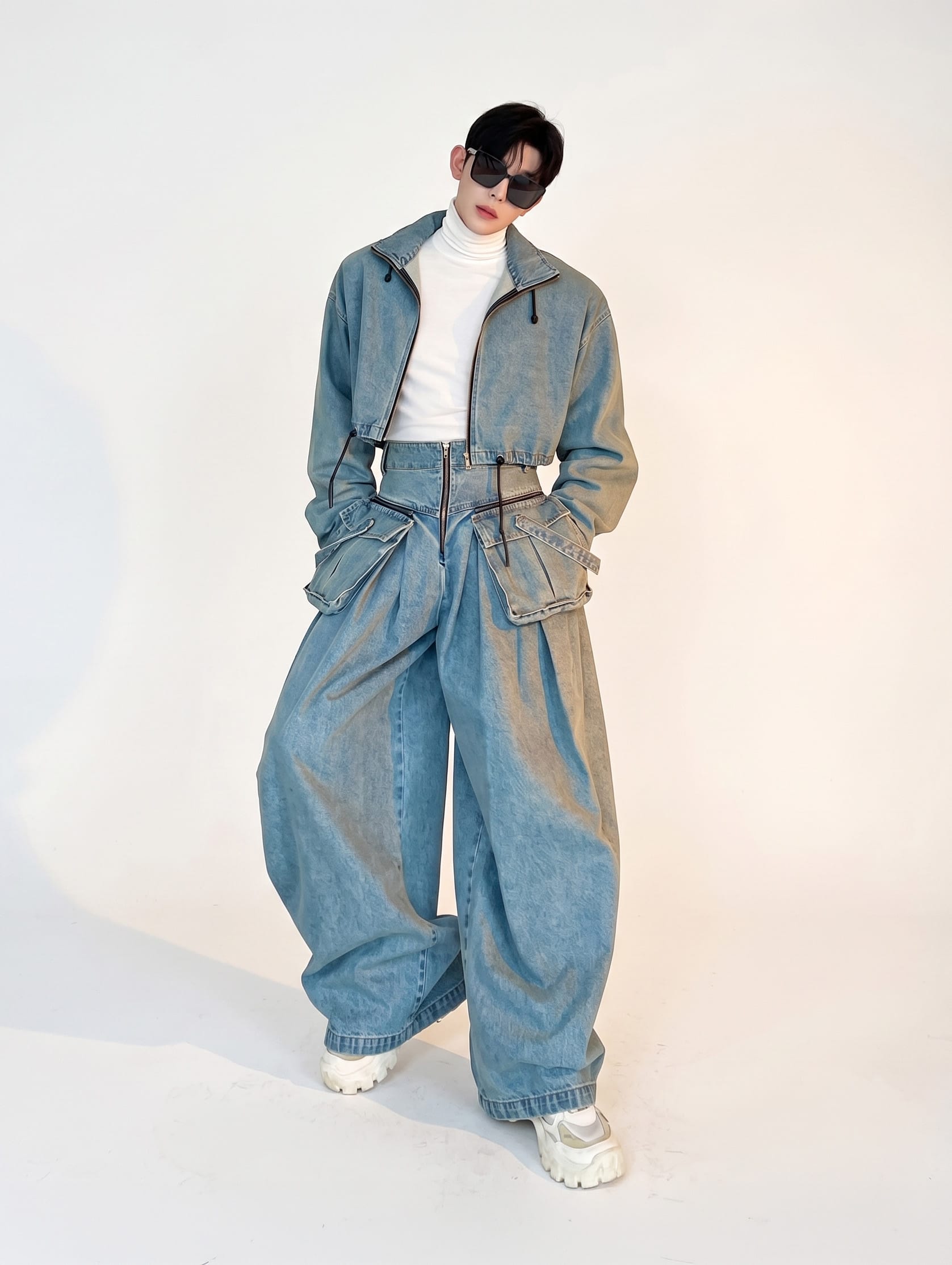 Korean Fashion Pleated Dimension Cargo Denim Set
