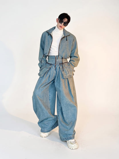 Korean Fashion Pleated Dimension Cargo Denim Set
