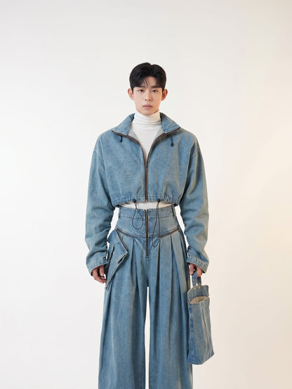 Korean Fashion Pleated Dimension Cargo Denim Set