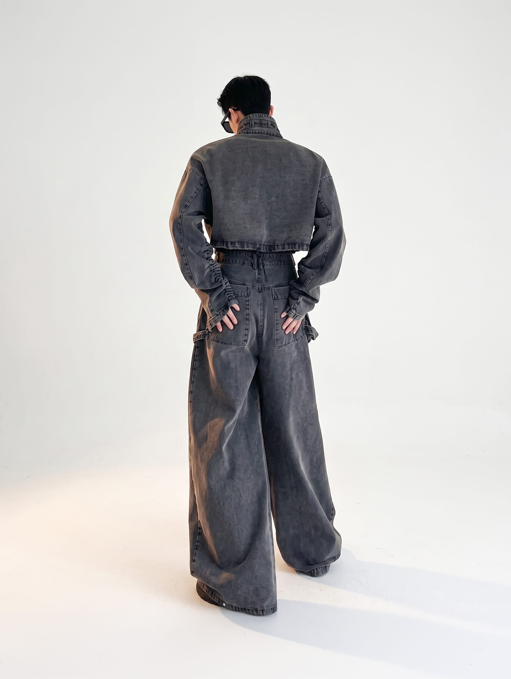 Korean Fashion Pleated Dimension Cargo Denim Set