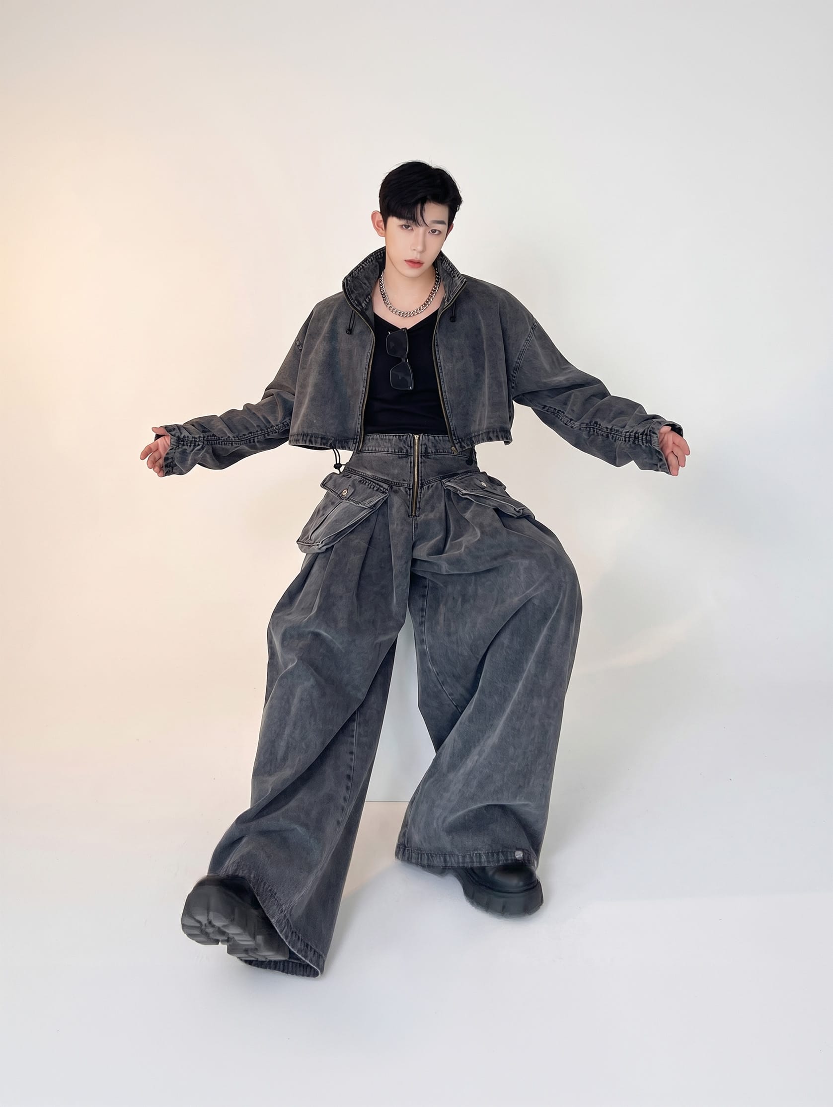 Korean Fashion Pleated Dimension Cargo Denim Set