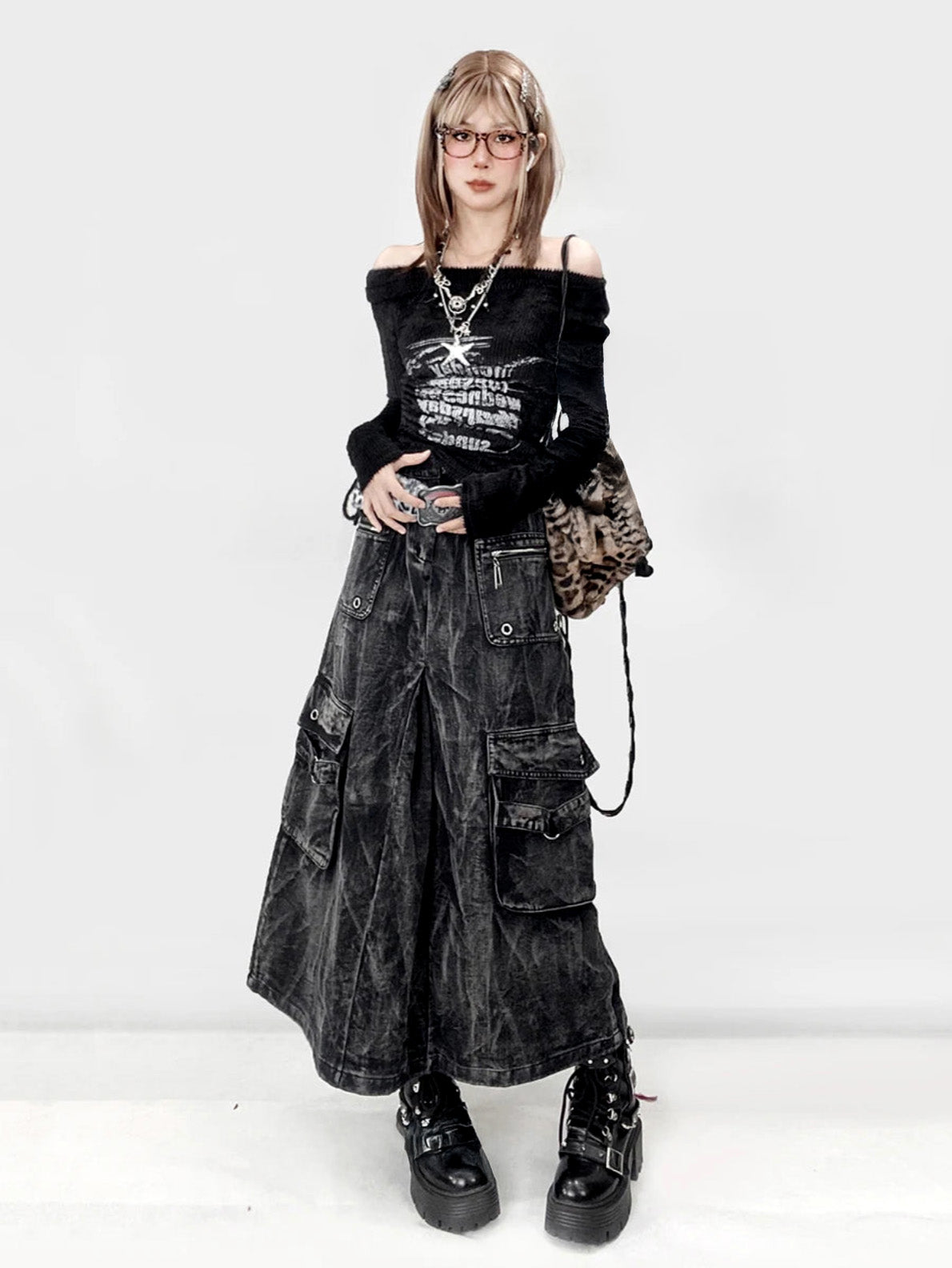 Kpop Idol Distressed Denim Cargo Skirt