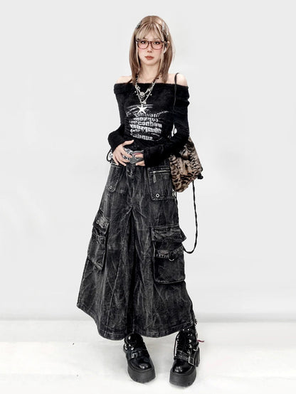 Kpop Idol Distressed Denim Cargo Skirt