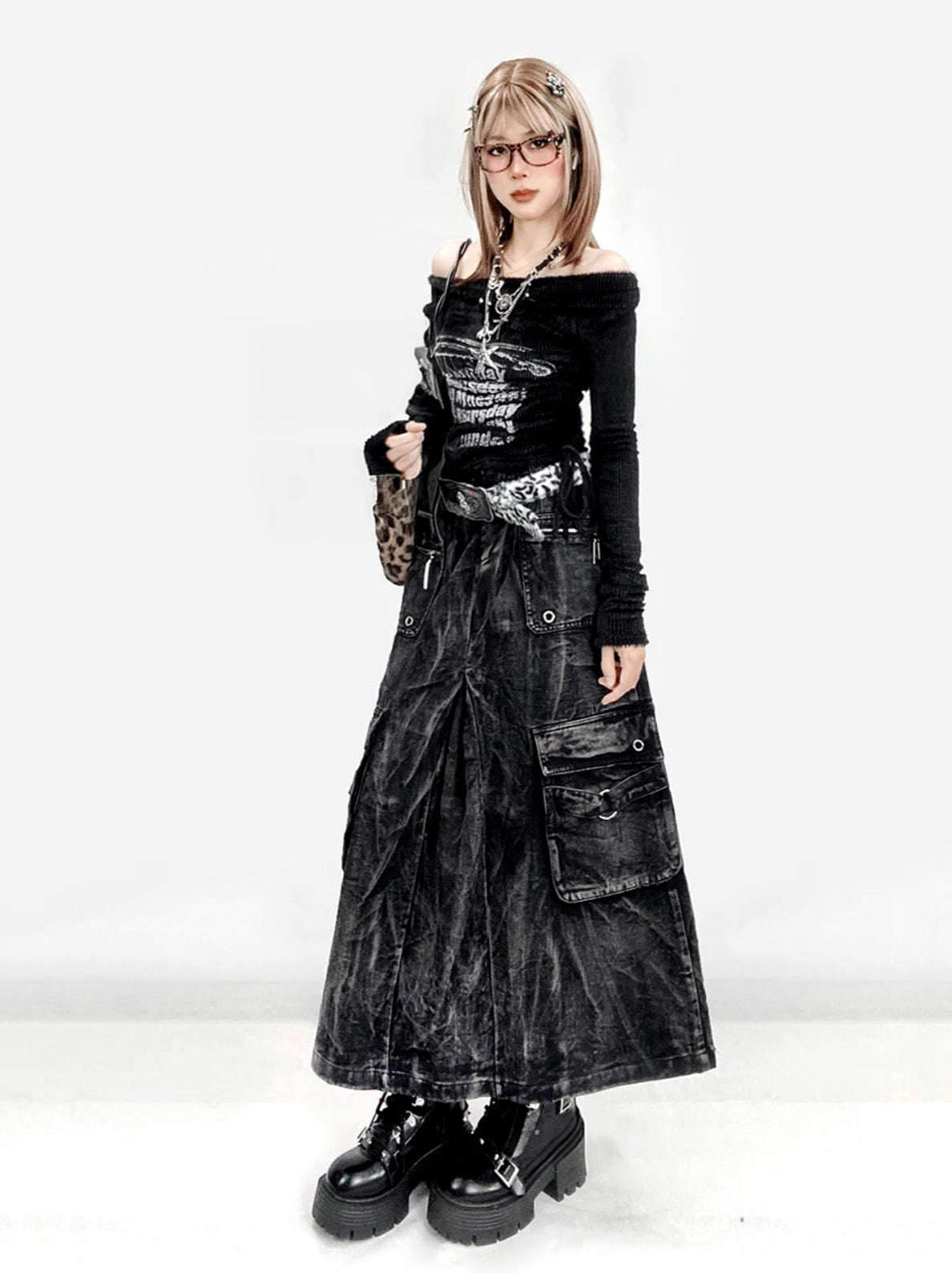 Kpop Idol Distressed Denim Cargo Skirt