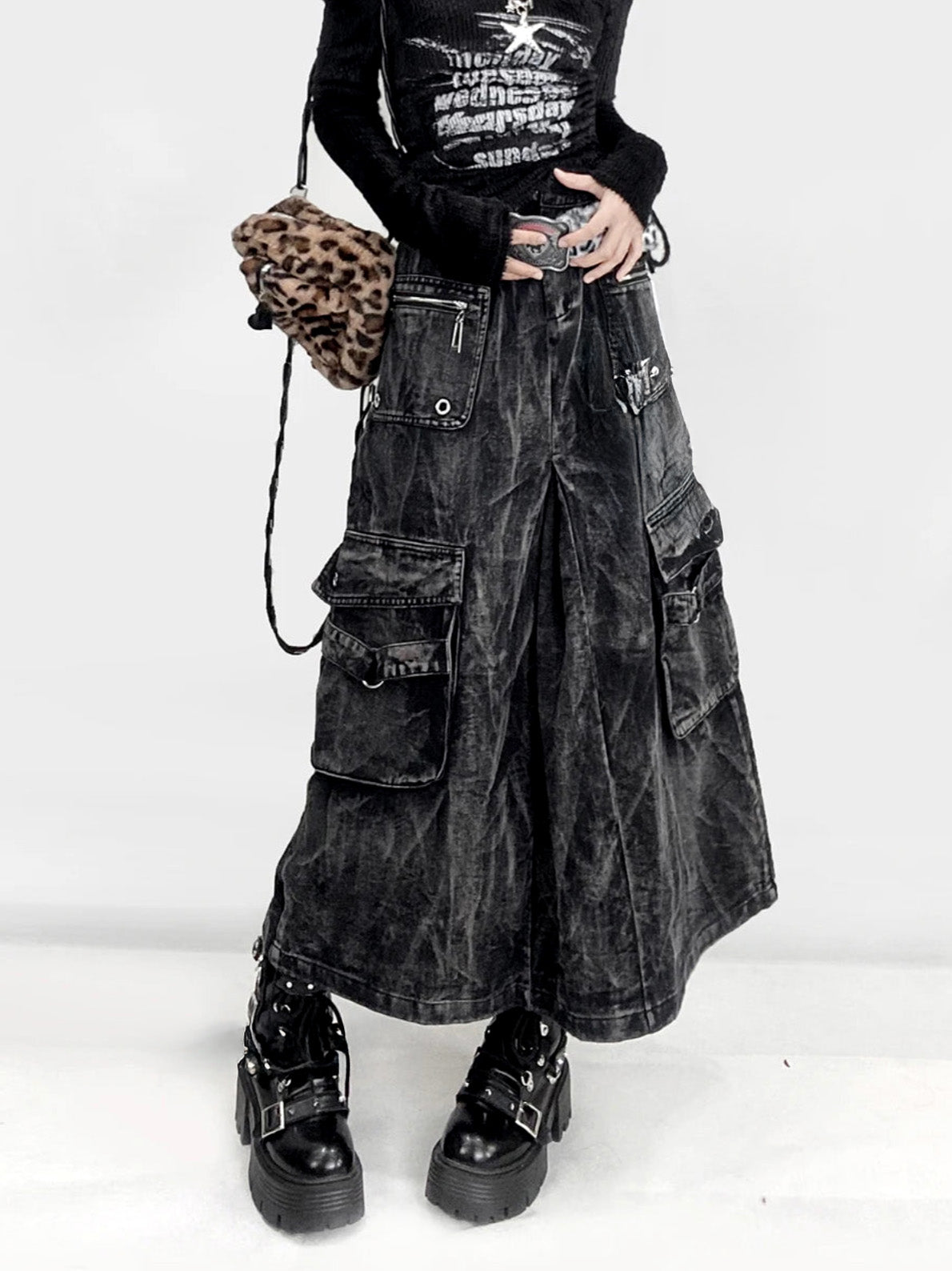 Kpop Idol Distressed Denim Cargo Skirt