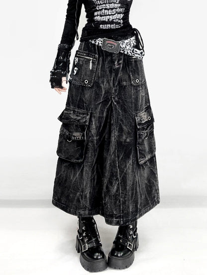 Kpop Idol Distressed Denim Cargo Skirt