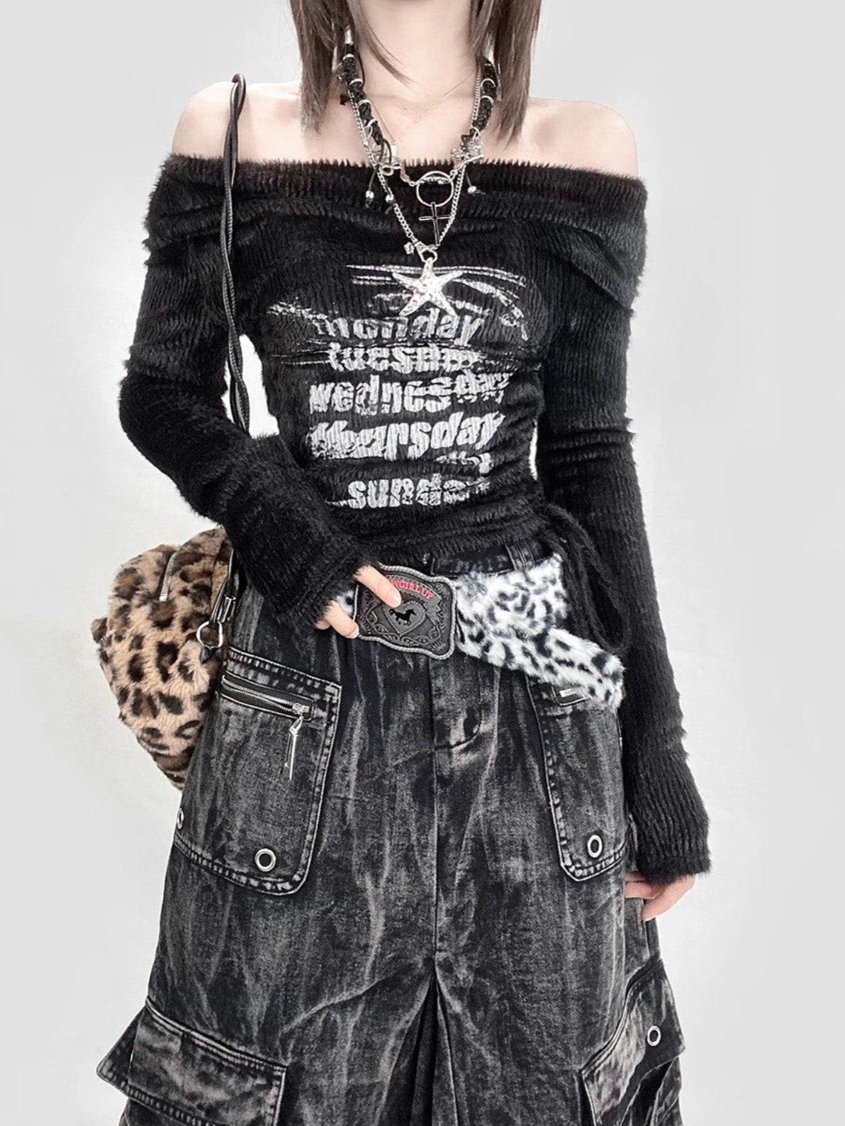 Kpop Idol Distressed Denim Cargo Skirt