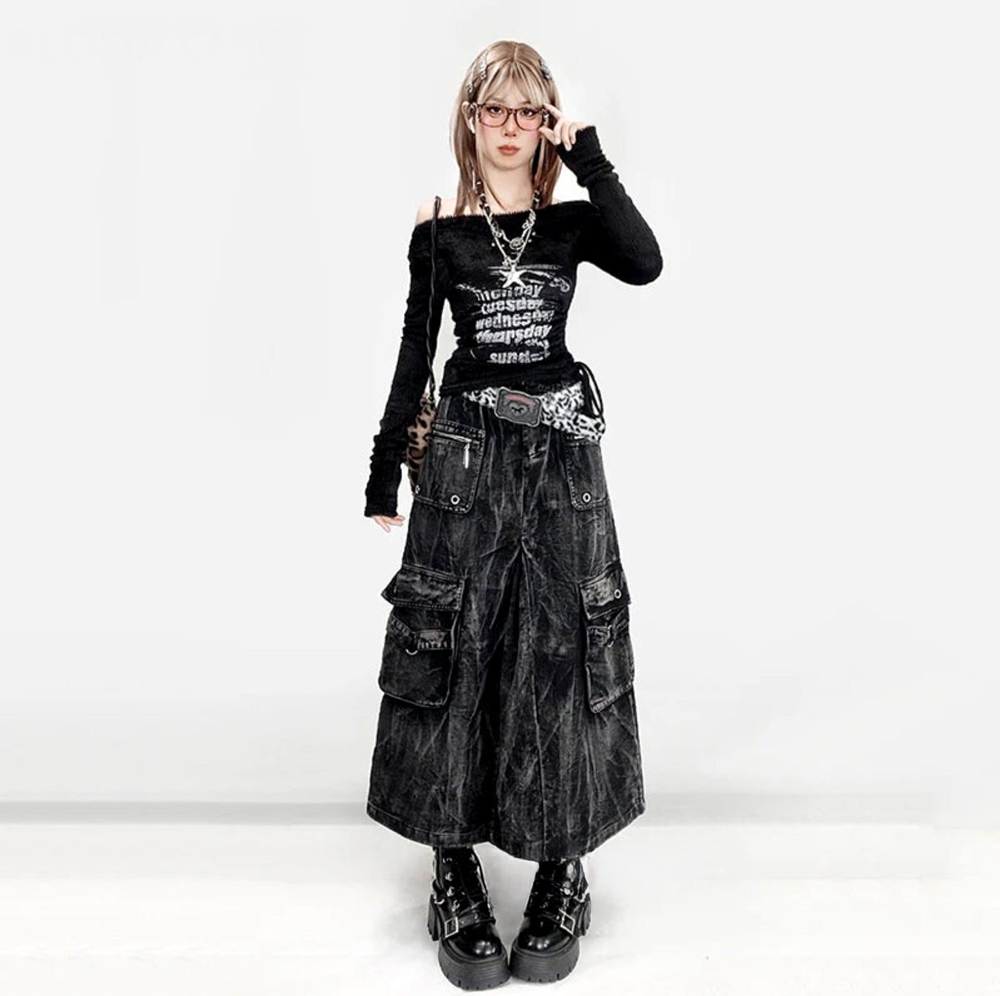 Kpop Idol Distressed Denim Cargo Skirt