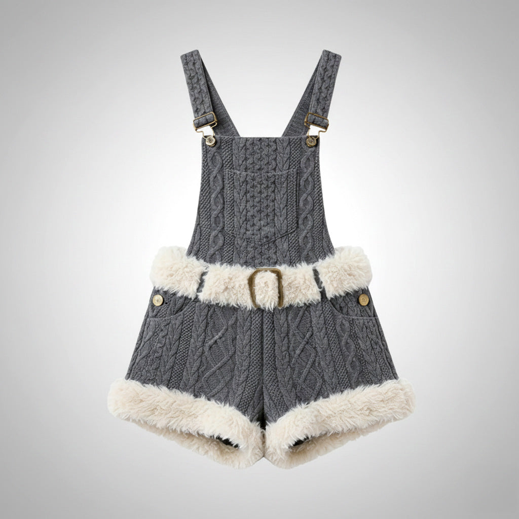 Kpop Idol Grunge Furry Shortalls with Belt / Vintage Gray Knit Rompers