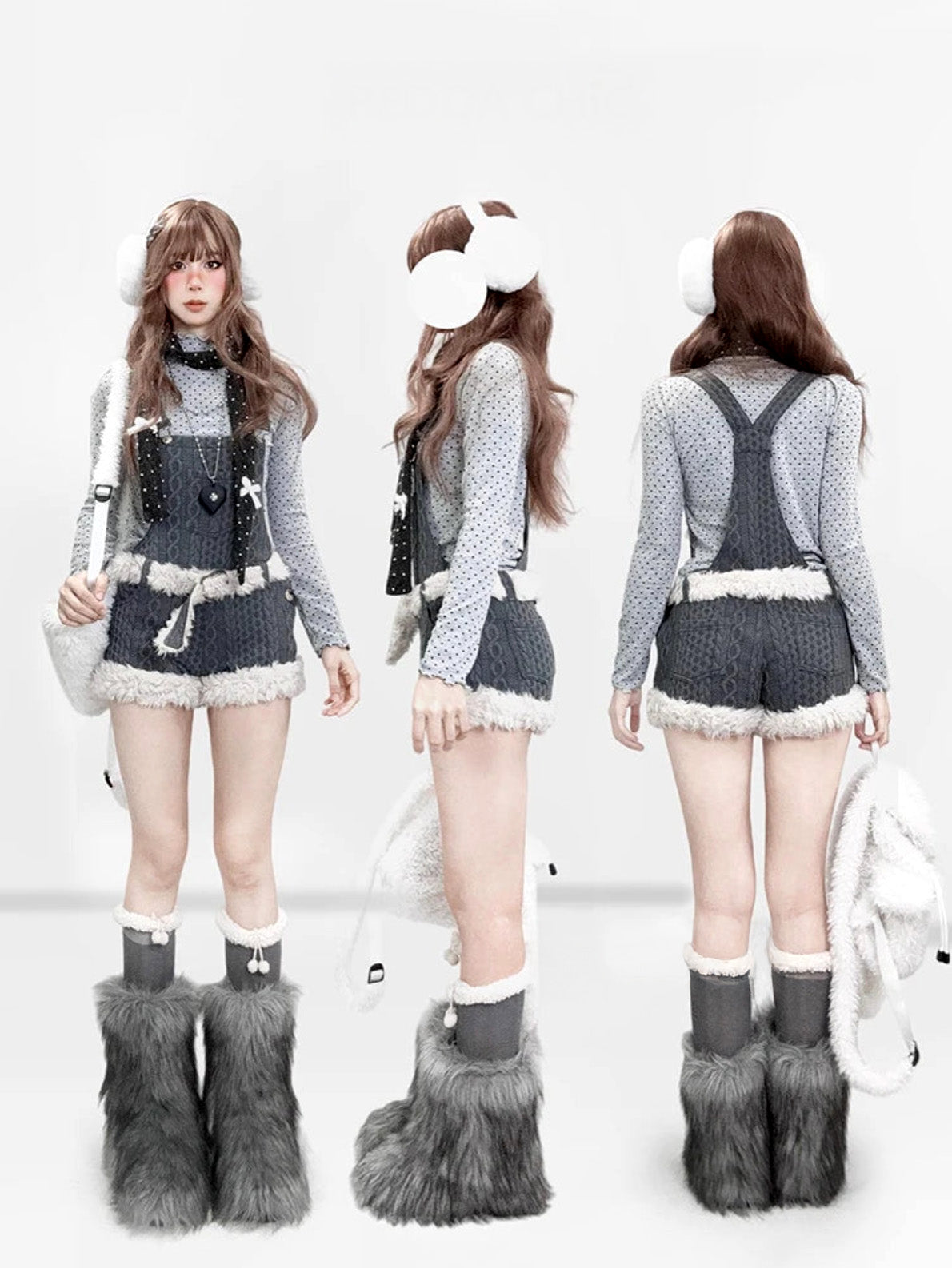 Kpop Idol Grunge Furry Shortalls with Belt / Vintage Gray Knit Rompers