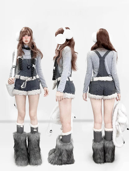 Kpop Idol Grunge Furry Shortalls with Belt / Vintage Gray Knit Rompers