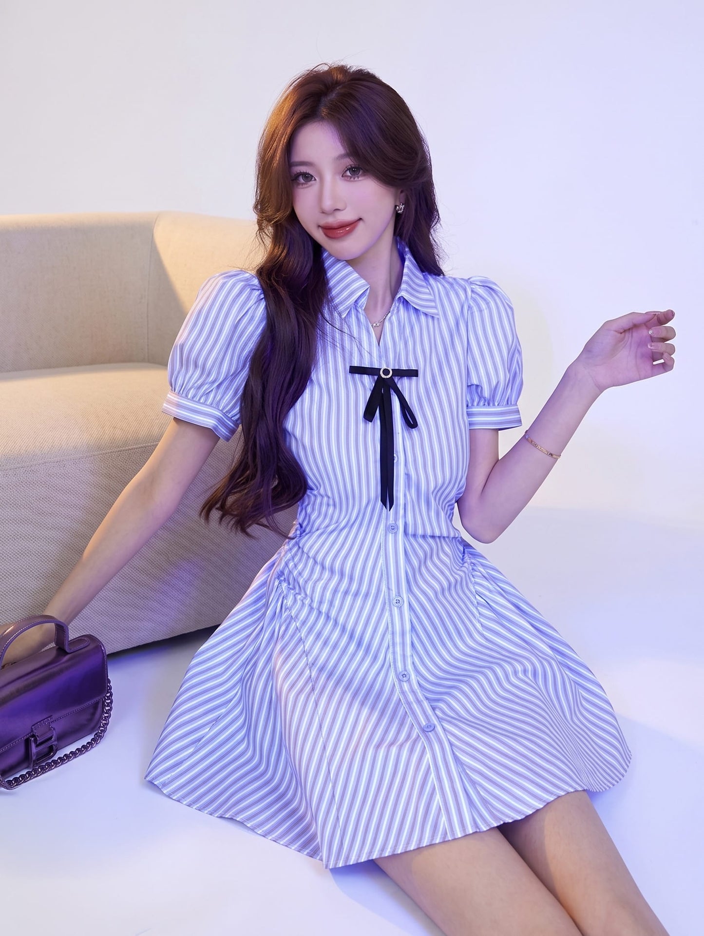 Kpop Star Blue Striped Bubble Sleeve Shirt Dress