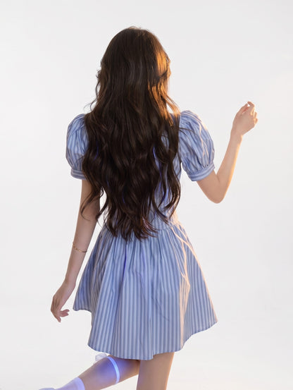Kpop Star Blue Striped Bubble Sleeve Shirt Dress