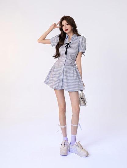 Kpop Star Blue Striped Bubble Sleeve Shirt Dress