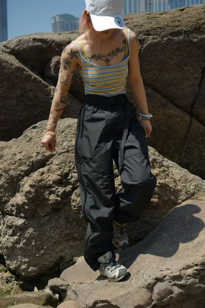 L / Black Outdoor Adventure Revolution Hard  Quick Dry Waterproof Cargo Pants Unisex Loose Fit Street Style High Waist Polyester
