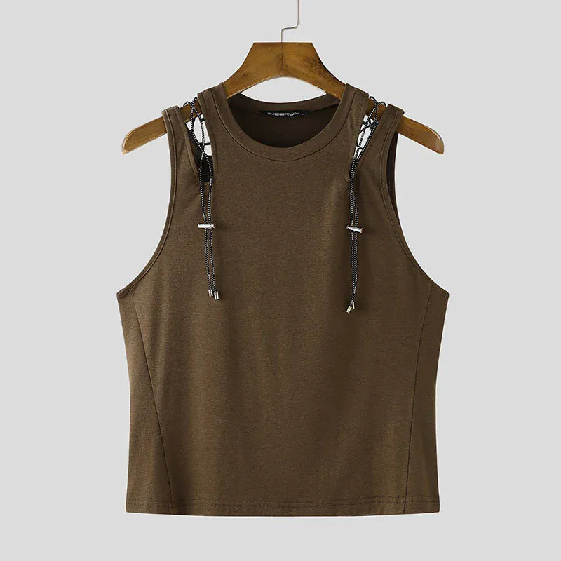 L / Brown Mesh Tech Hollow Ribbed Tank Top/ Unisex / activewear & casual
