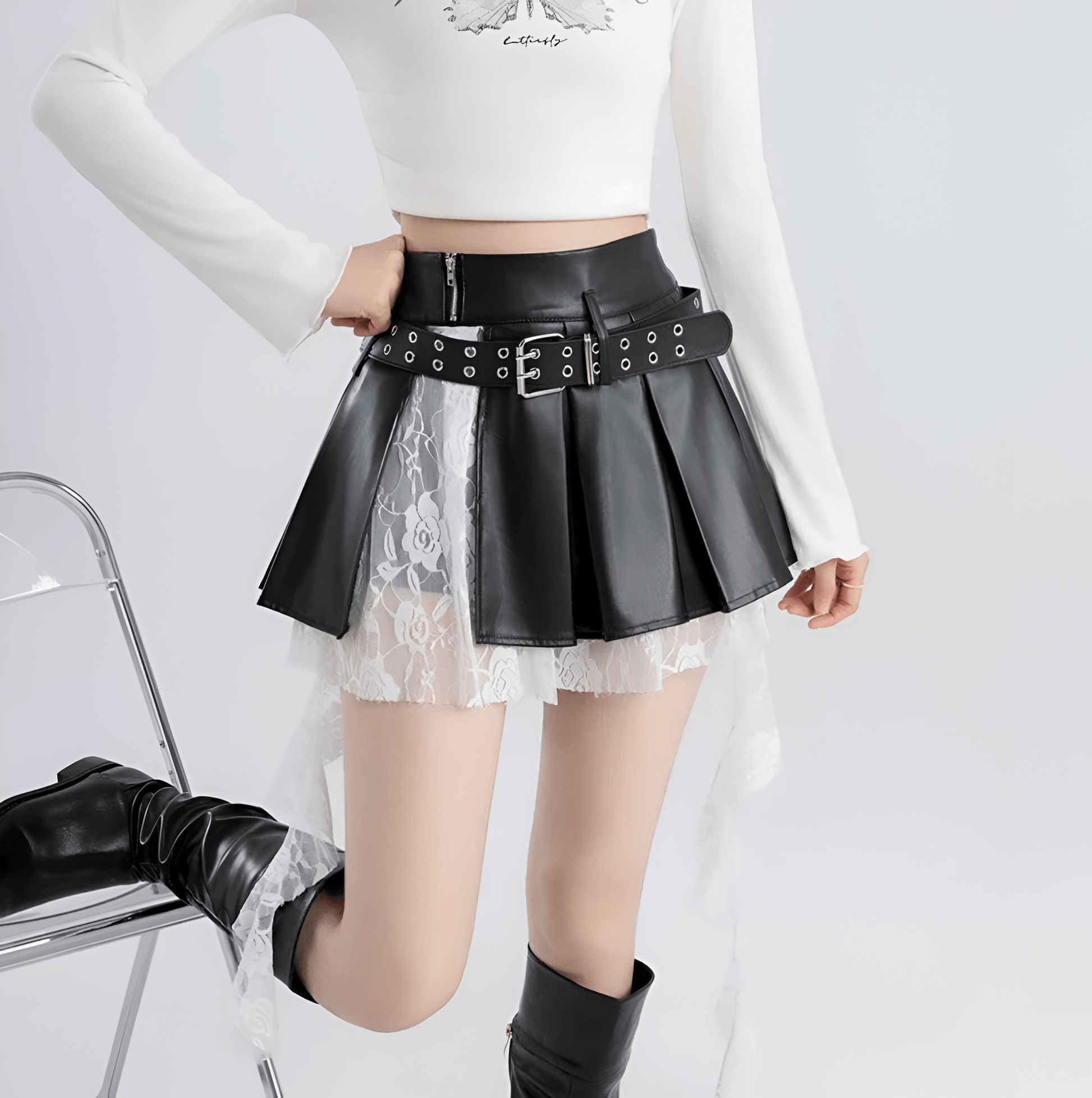 Lace Vegan Leather Kawaii Skirt / A-line Pleated (Victorious Black Sakura Battle)