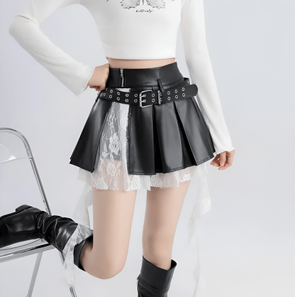 Lace Vegan Leather Kawaii Skirt / A-line Pleated (Victorious Black Sakura Battle)