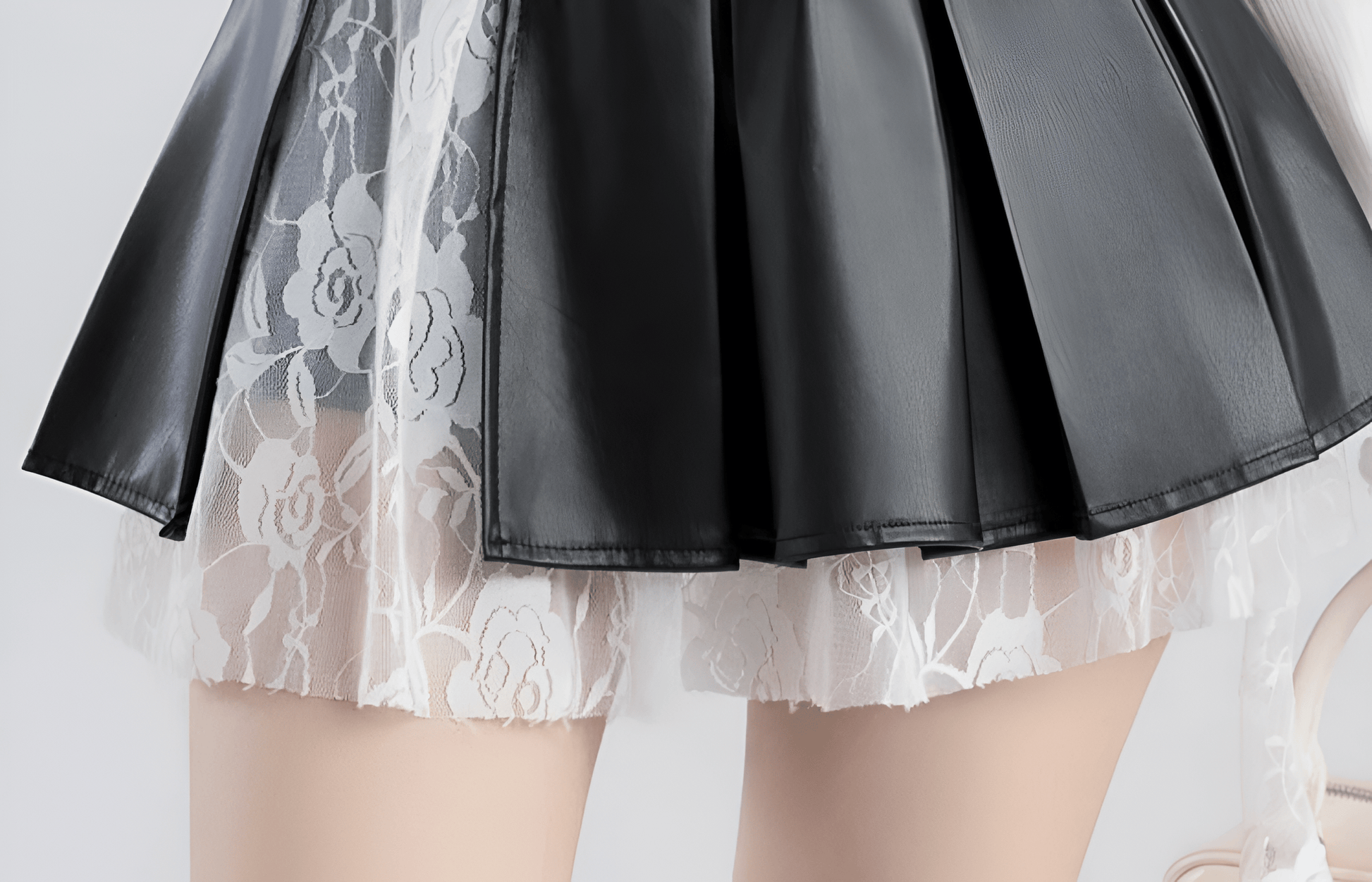 Lace Vegan Leather Kawaii Skirt / A-line Pleated (Victorious Black Sakura Battle)