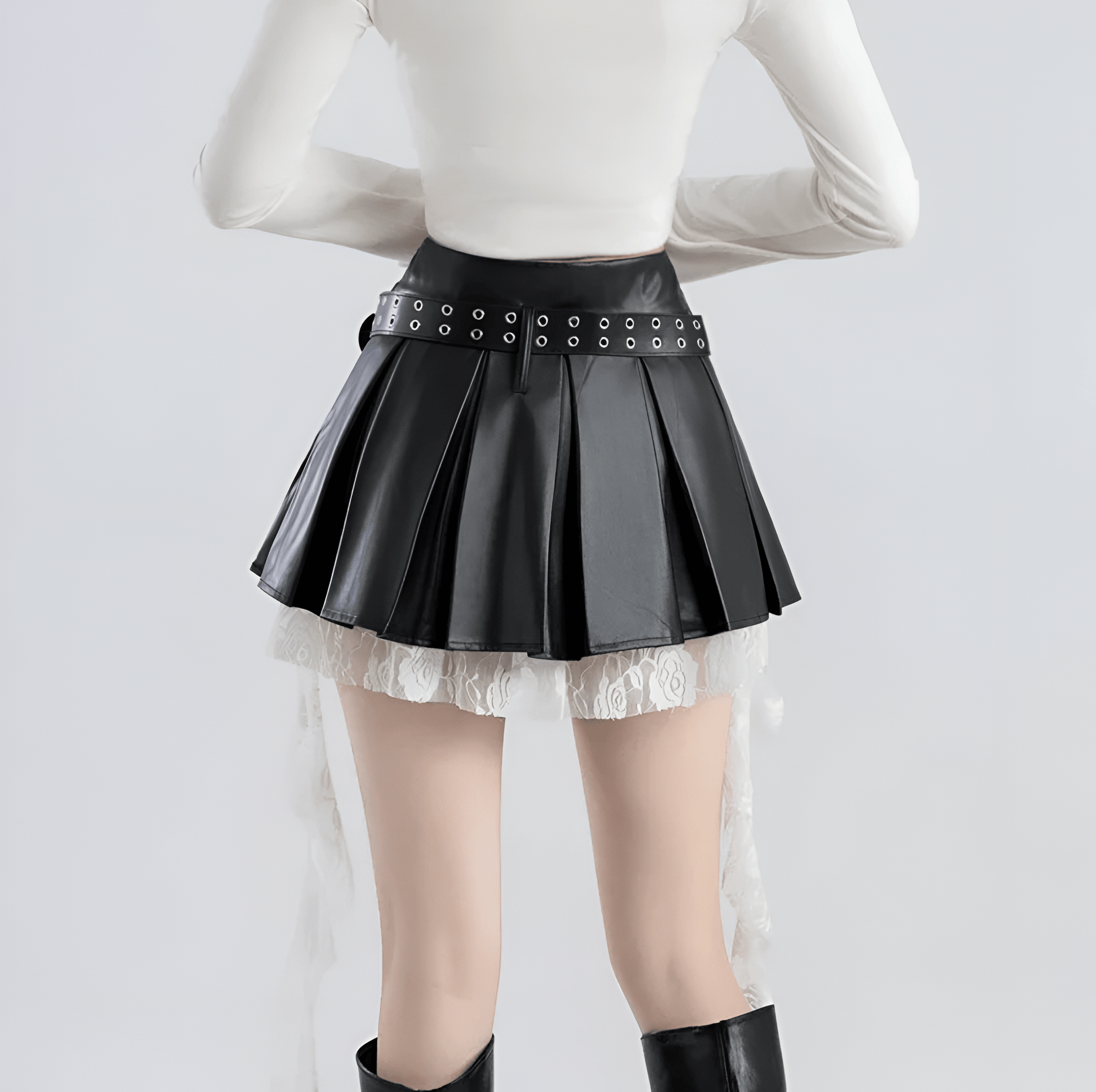 Lace Vegan Leather Kawaii Skirt / A-line Pleated (Victorious Black Sakura Battle)