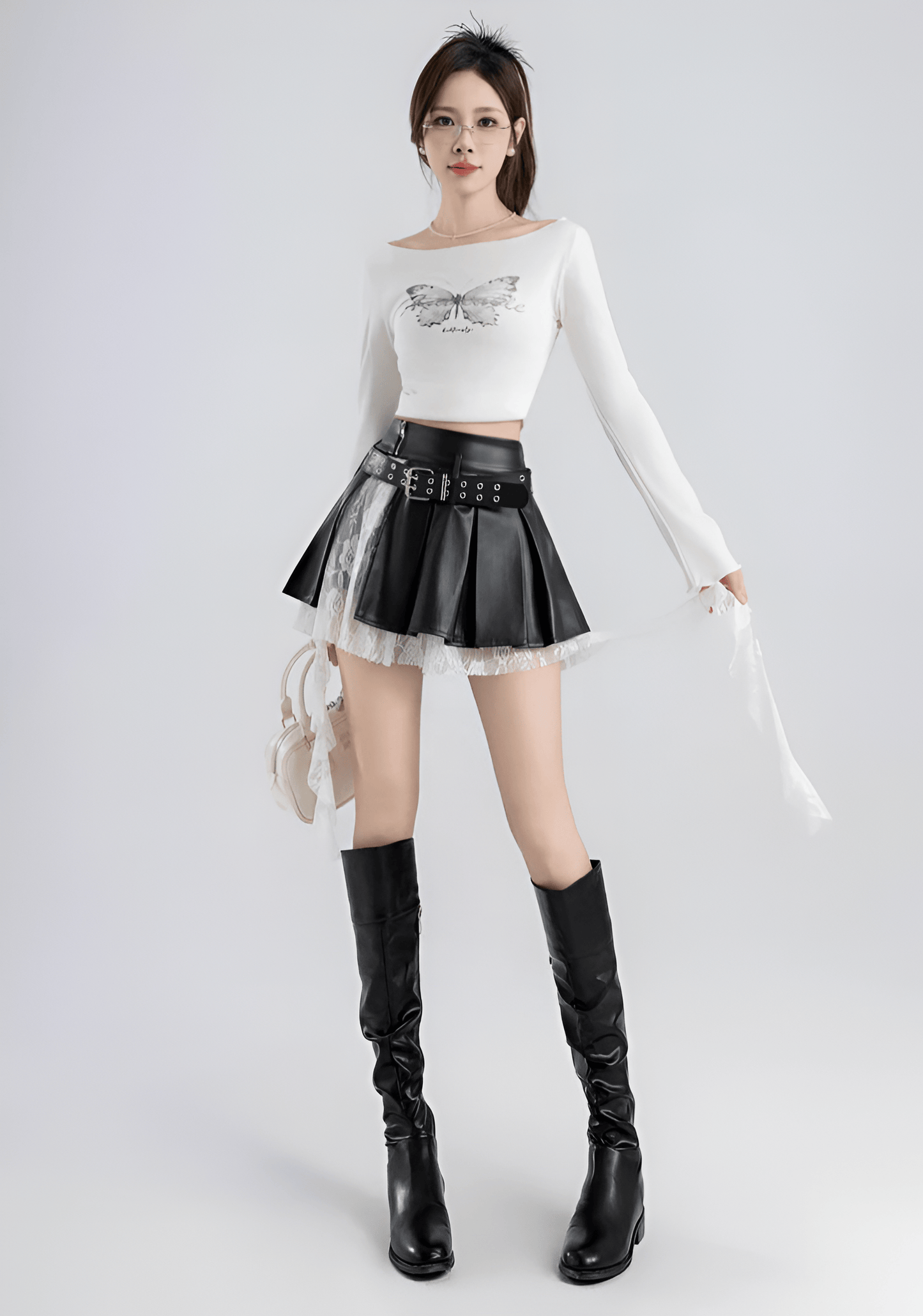 Lace Vegan Leather Kawaii Skirt / A-line Pleated (Victorious Black Sakura Battle)