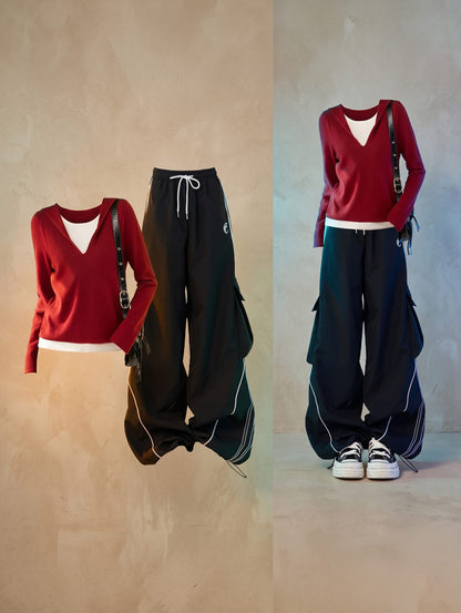 Layered Two-Piece Set Black/ Red / S Encore Ribbed V-Neck Combo W/ Wide-Leg Set
