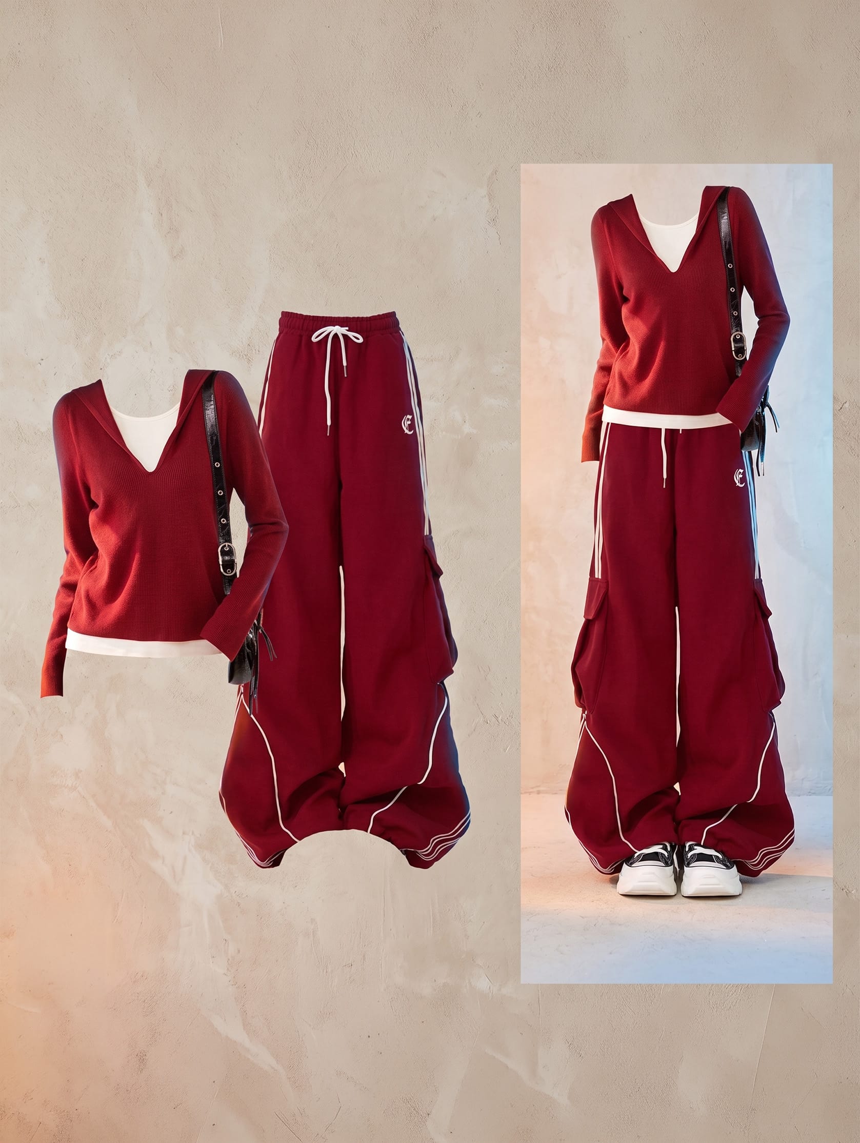 Layered Two-Piece Set Red / S Encore Ribbed V-Neck Combo W/ Wide-Leg Set