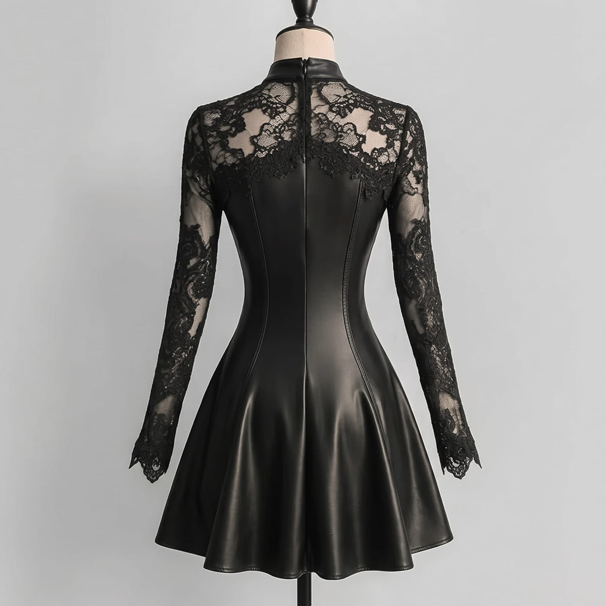 Leather Lace Patchwork Waist-Cinching Dress