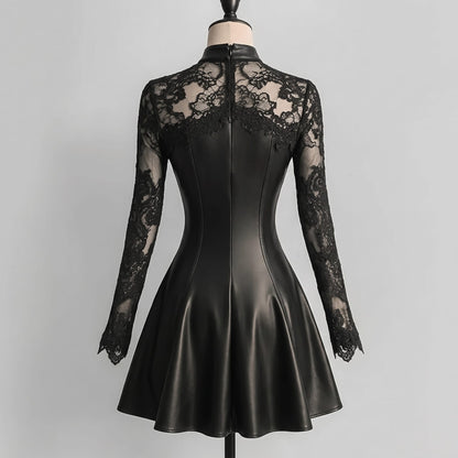 Leather Lace Patchwork Waist-Cinching Dress