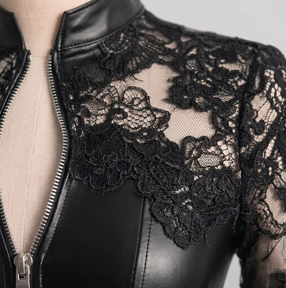 Leather Lace Patchwork Waist-Cinching Dress