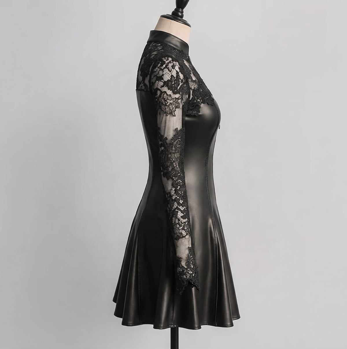Leather Lace Patchwork Waist-Cinching Dress