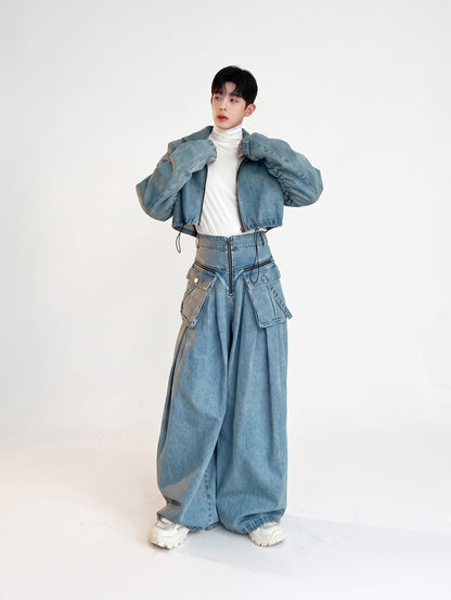 Light Blue / S Korean Fashion Pleated Dimension Cargo Denim Set