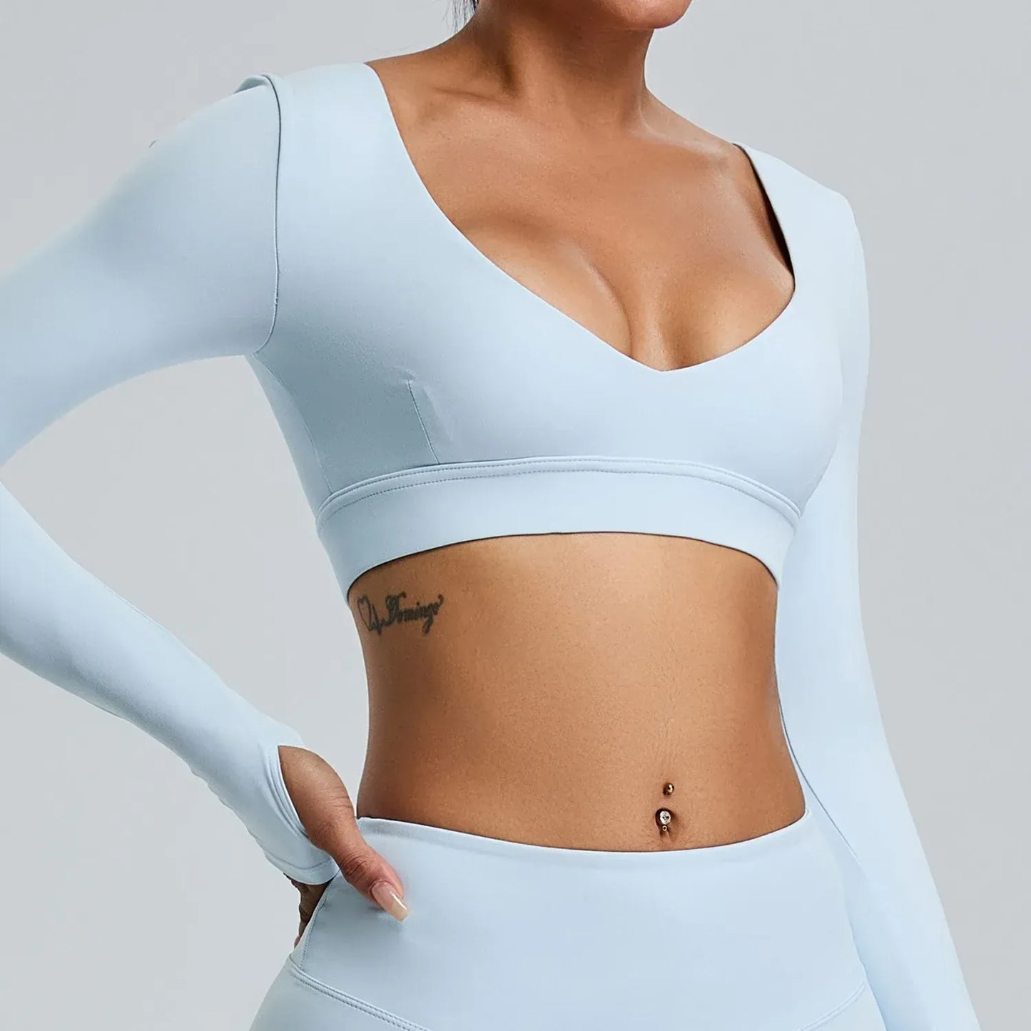Light blue / S V Neck Long Sleeve Yoga Shirt