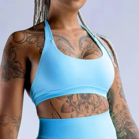 Light Blue / XS Impact Sports Bra / Women Seamless Neck Strap Yoga Bra /With Padding