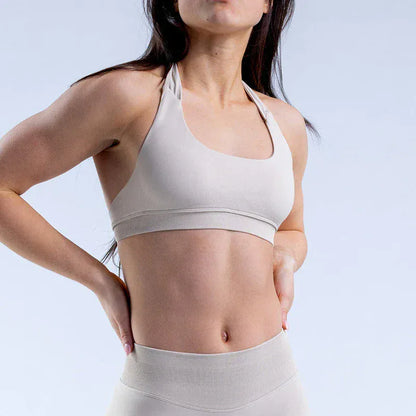 Light Khaki / XS Impact Sports Bra / Women Seamless Neck Strap Yoga Bra /With Padding