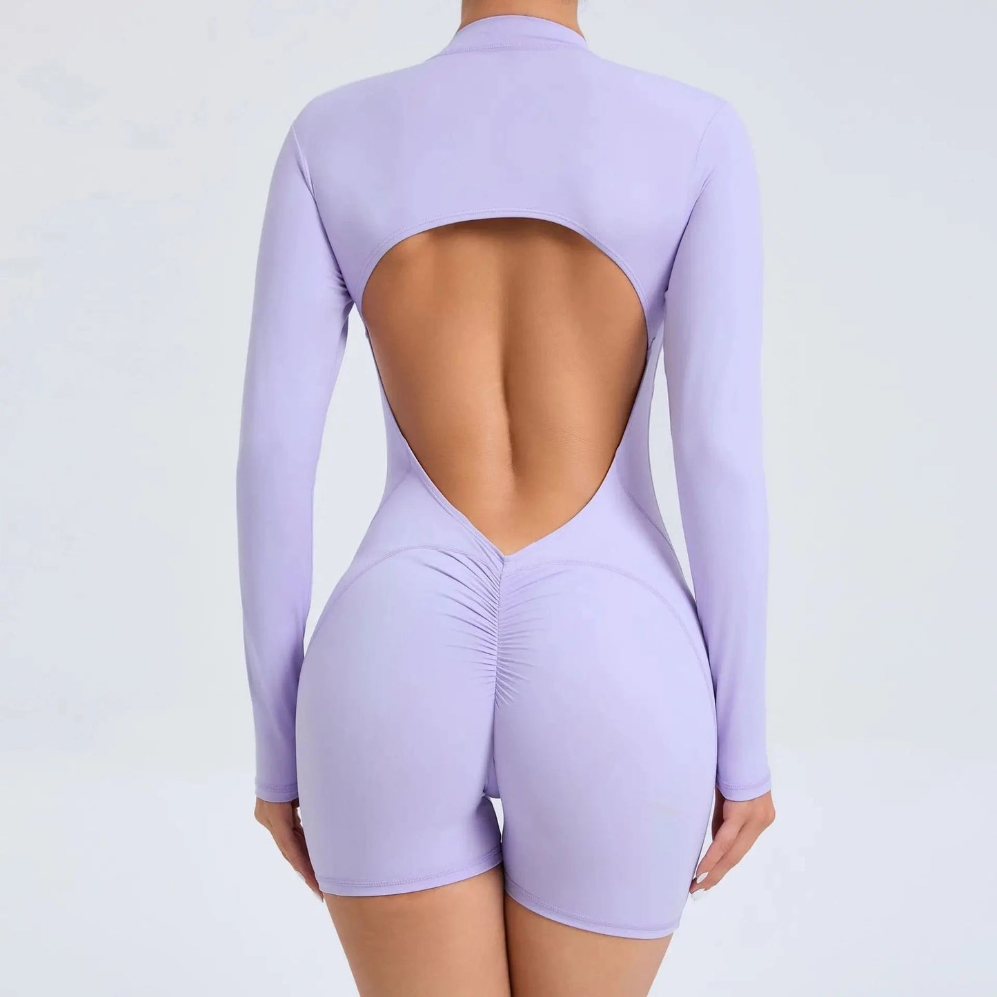 Light purple / S Women Backless Open Black Jumpsuit with Shorts / Gym One Piece Suit with Short / Bodycon (Comet)