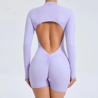Light purple / S Women Backless Open Black Jumpsuit with Shorts / Gym One Piece Suit with Short / Bodycon (Comet)