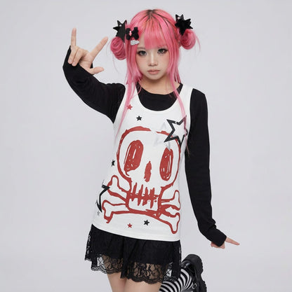 Long Sleeve Faux Two Piece Harajuku Rock Emo Top