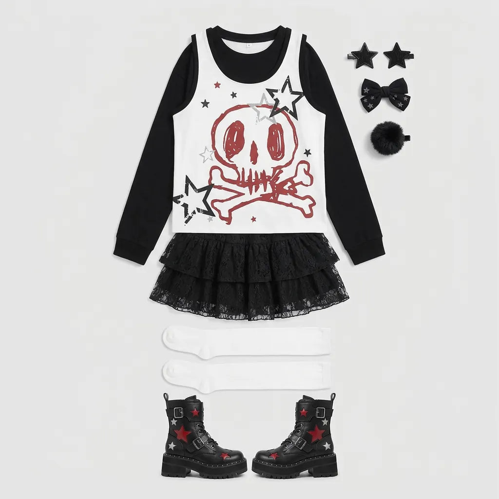 Long Sleeve Faux Two Piece Harajuku Rock Emo Top