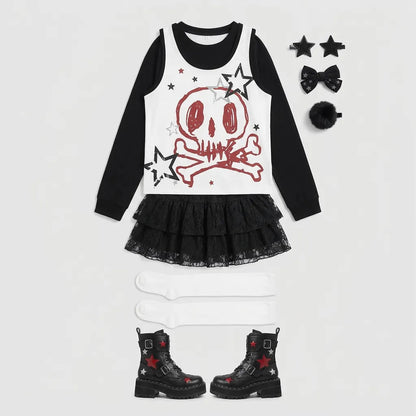 Long Sleeve Faux Two Piece Harajuku Rock Emo Top