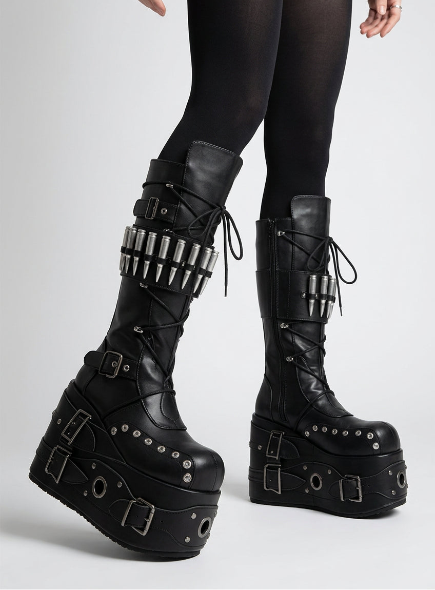 Metal Decor Platform Boots Knee High Women Leather Spikes Buckle Lace Up Front Goth Punk Rock Motorcycle Combat Boot Fashion New
