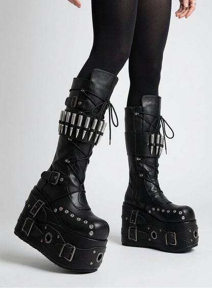 Metal Decor Platform Boots Knee High Women Leather Spikes Buckle Lace Up Front Goth Punk Rock Motorcycle Combat Boot Fashion New