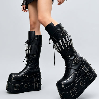 Metal Decor Platform Boots Knee High Women Leather Spikes Buckle Lace Up Front Goth Punk Rock Motorcycle Combat Boot Fashion New