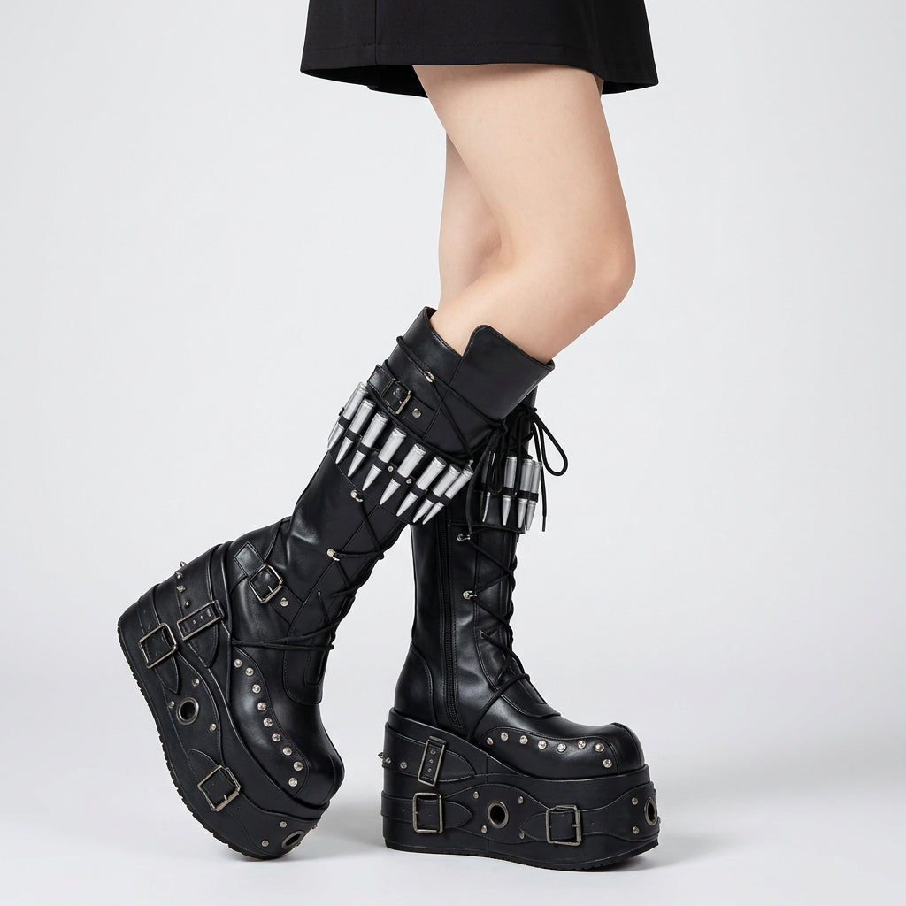 Metal Decor Platform Boots Knee High Women Leather Spikes Buckle Lace Up Front Goth Punk Rock Motorcycle Combat Boot Fashion New