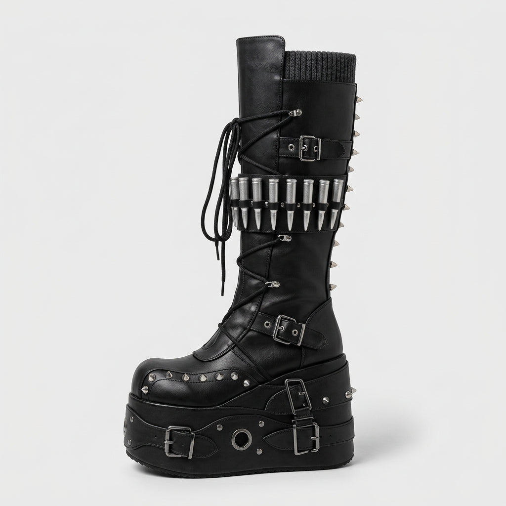 Metal Decor Platform Boots Knee High Women Leather Spikes Buckle Lace Up Front Goth Punk Rock Motorcycle Combat Boot Fashion New