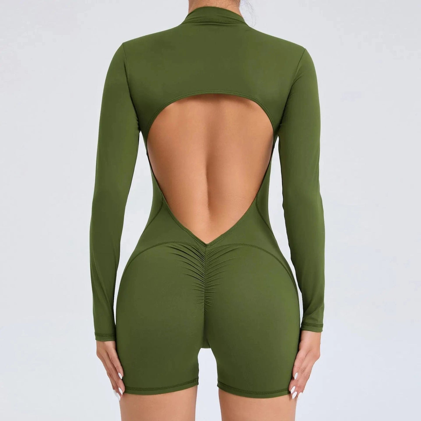 Military green / S Women Backless Open Black Jumpsuit with Shorts / Gym One Piece Suit with Short / Bodycon (Comet)