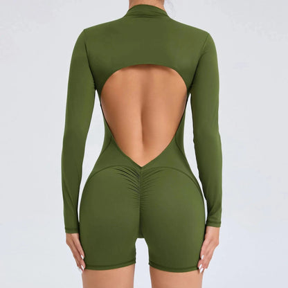 Military green / S Women Backless Open Black Jumpsuit with Shorts / Gym One Piece Suit with Short / Bodycon (Comet)
